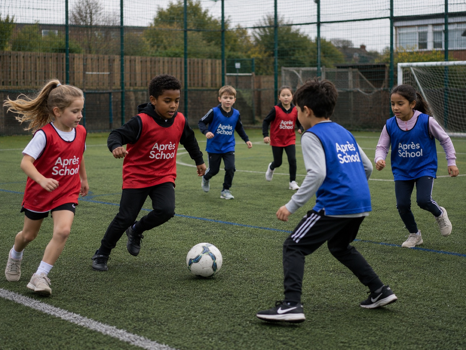 Children playing football together during an Après School holiday club.