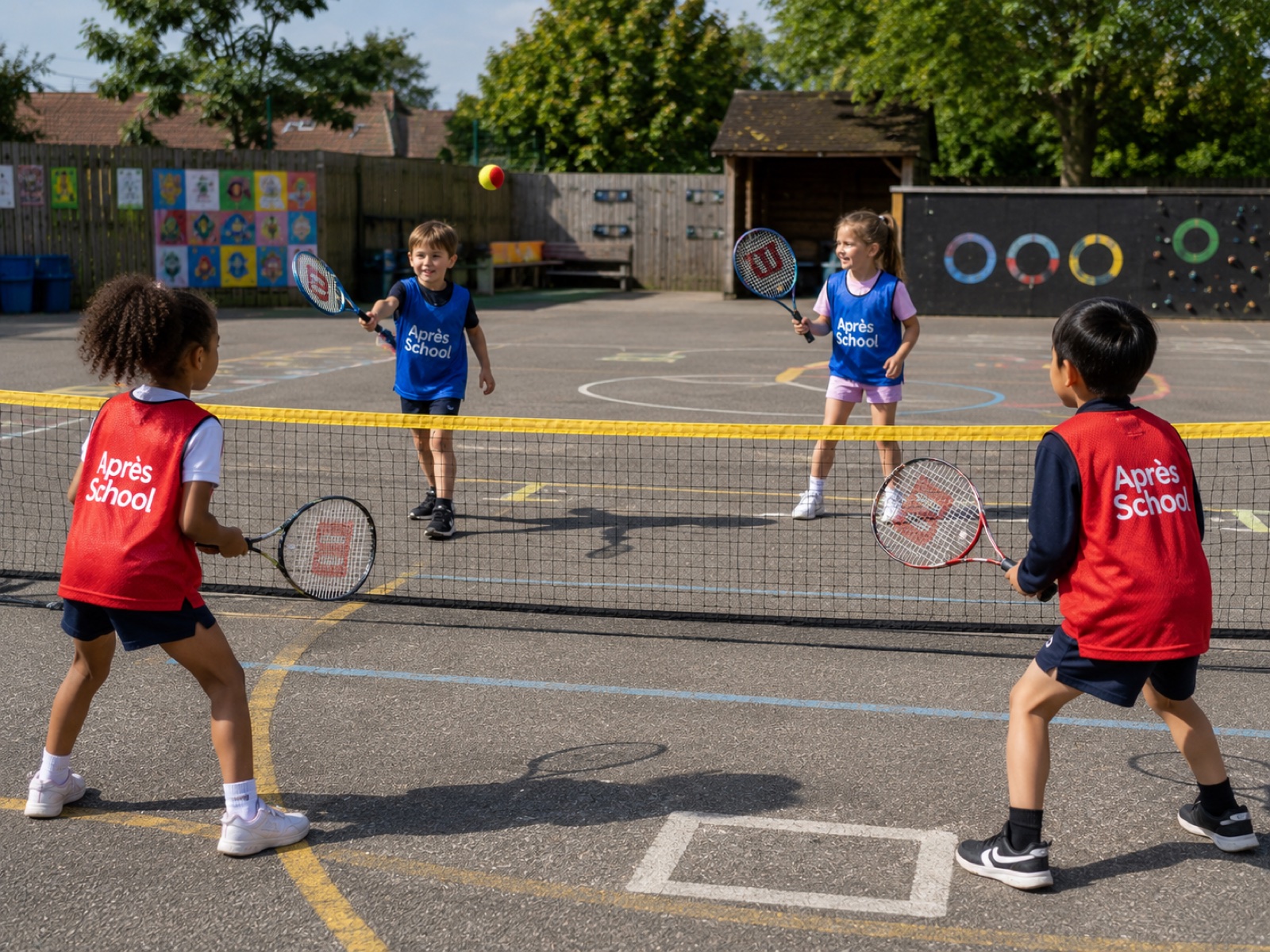Children practising tennis together during an Après School holiday club.